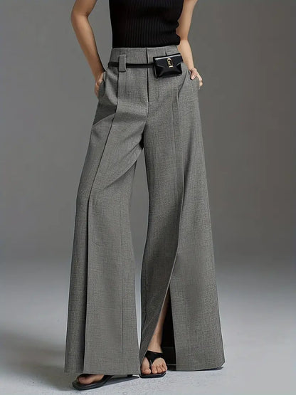 Solid Color Wide Leg Pants, Casual Split Hem Loose Suit Pants For Spring & Summer