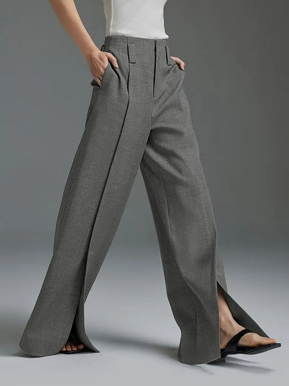 Solid Color Wide Leg Pants, Casual Split Hem Loose Suit Pants For Spring & Summer