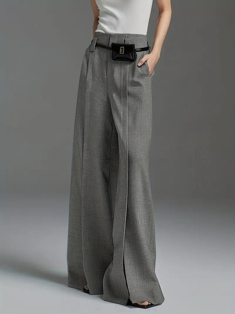 Solid Color Wide Leg Pants, Casual Split Hem Loose Suit Pants For Spring & Summer